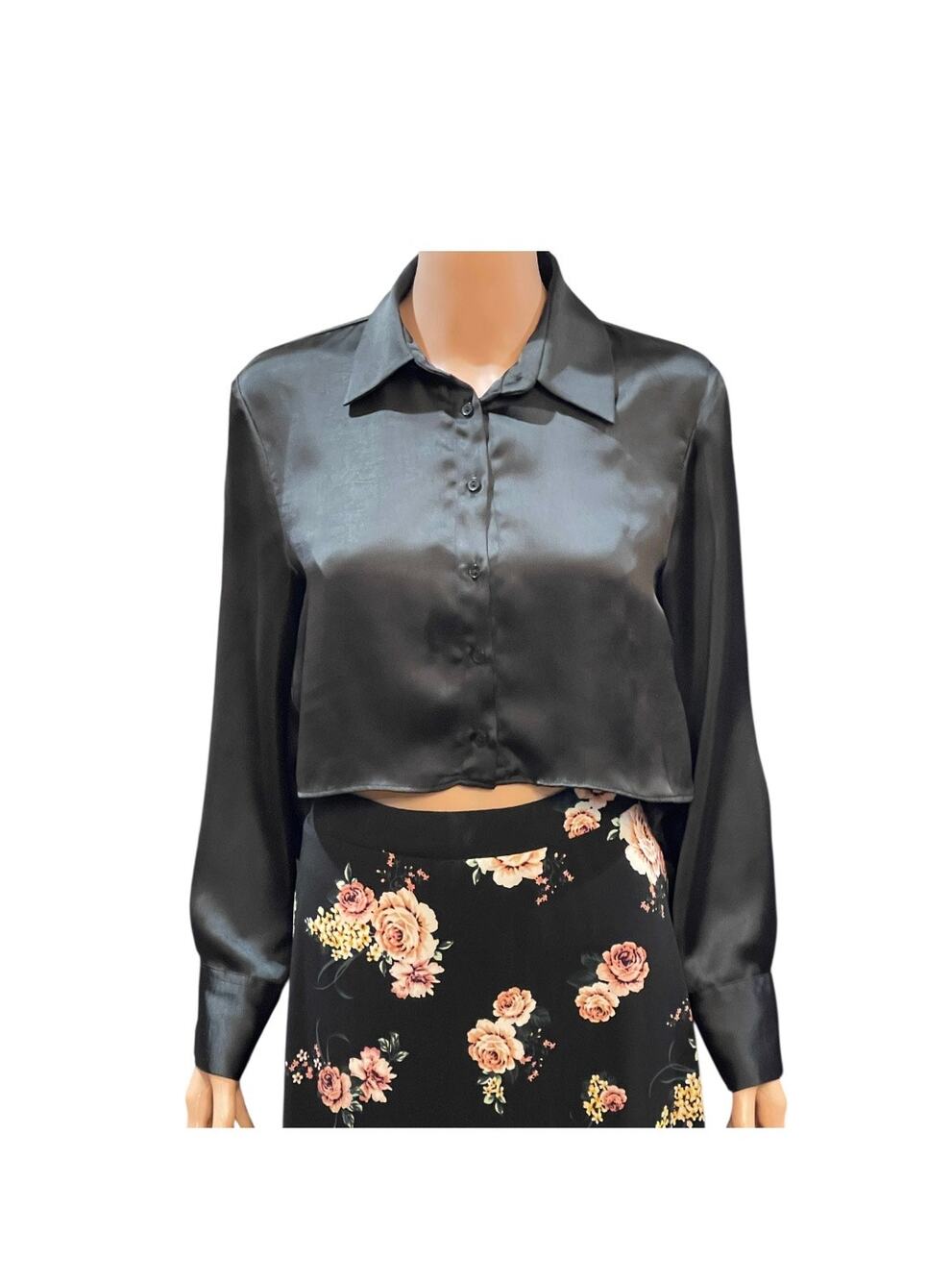 Zara Black Satin Tie Waist Long Sleeve Button Up Crop Blouse XS